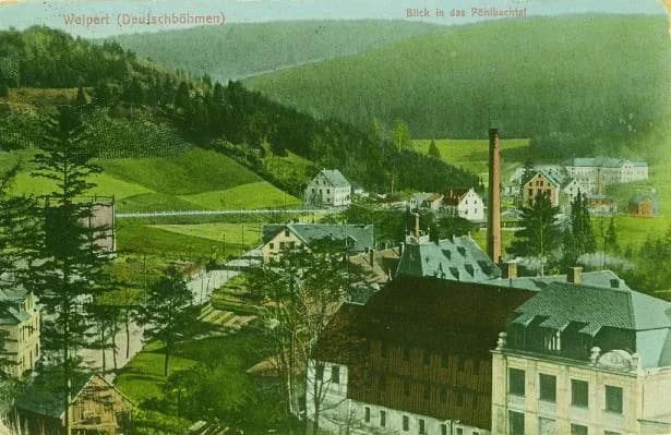 Weipert (Deutschböhmen) — Blick in das Pöhlbachtal mit Fabrikschornstein