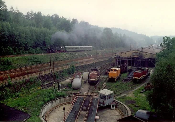 Überblick auf das Bahnbetriebswerk Buchholz mit 86 1001 auf Behandlungsgrube, 13. Juni 1992