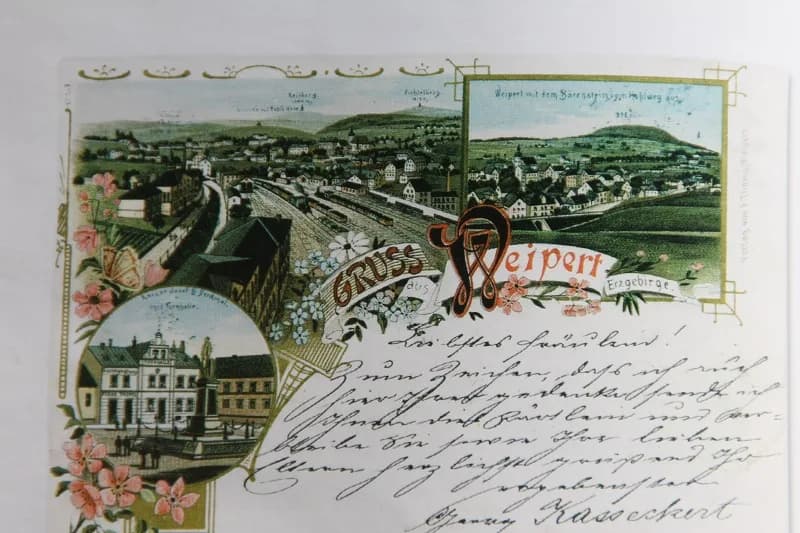Dekorative Ansichtskarte 'Gruss aus Weipert, Erzgebirge' mit Stadtpanorama und Vignetten