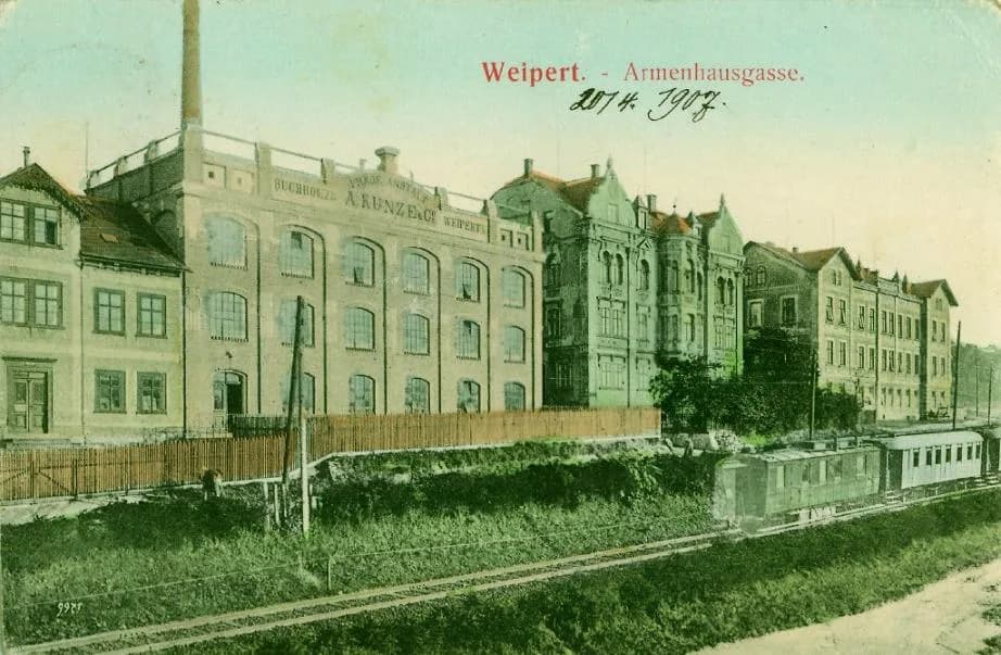 Weipert — Fabrikgebäude A. Kunze & Co, Armenhausgasse, farbige Ansichtskarte 1907