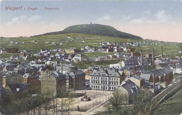 Weipert i. Erzgeb. — Postplatz, farbige Ansichtskarte