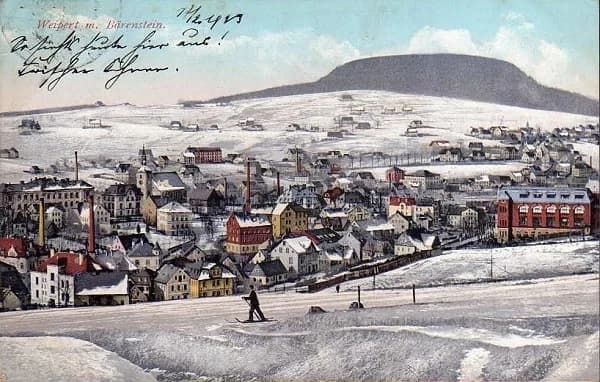 Weipert m. Bärrenstein — Ansichtskarte 1913, Skiläufer im Vordergrund