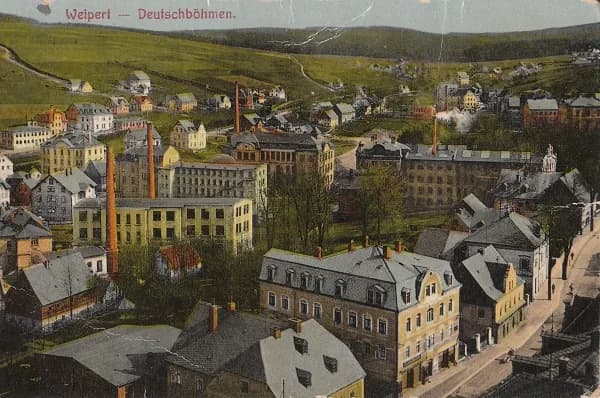 Weipert — Deutschböhmen, Stadtblick mit Industrieanlagen, Ansichtskarte