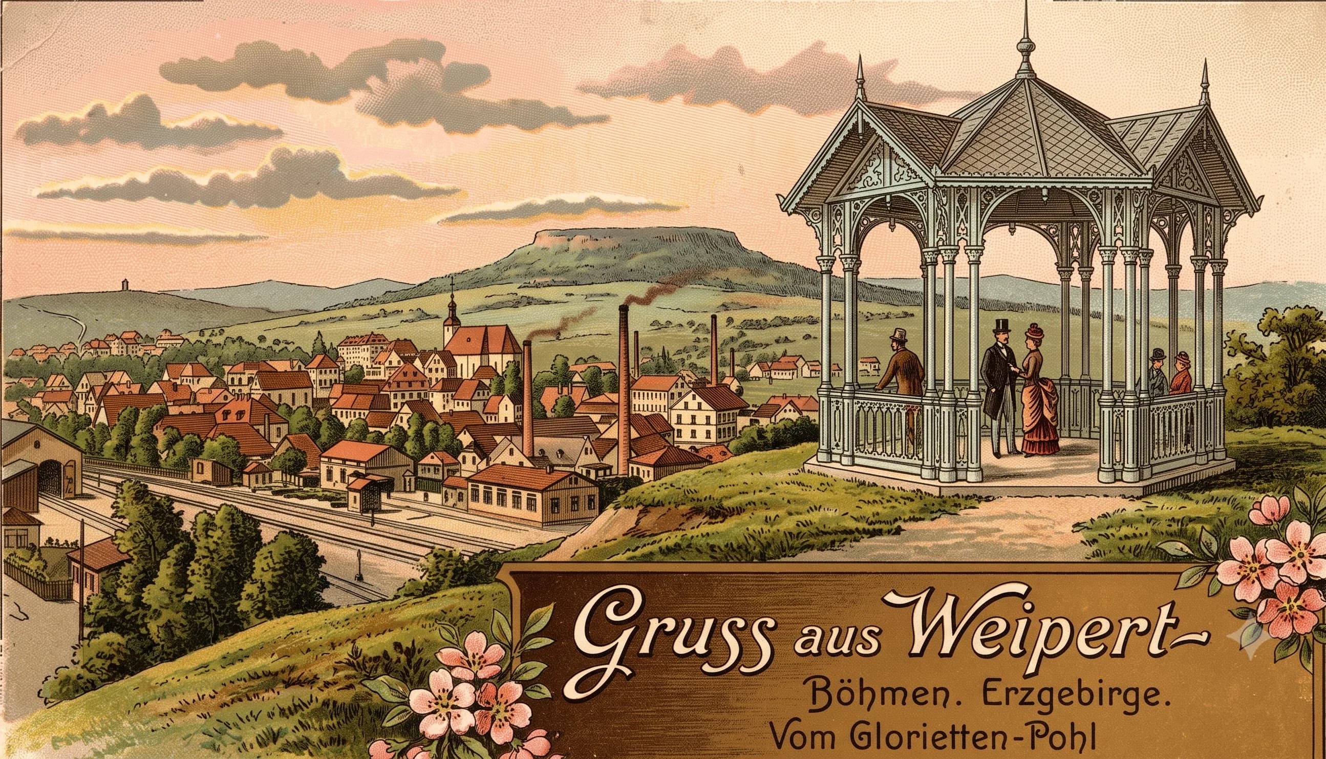 Gloriette auf Pohls Höhe, Weipert im Erzgebirge — chromolithographische Ansichtskarte