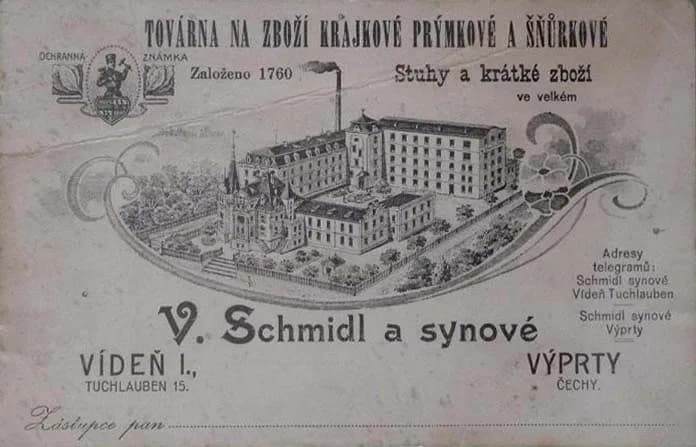 Firmenpostkarte V. Schmidl a synové — Továrna na zboží krajkové prýmkové a šňůrkové, Výprty / Weipert