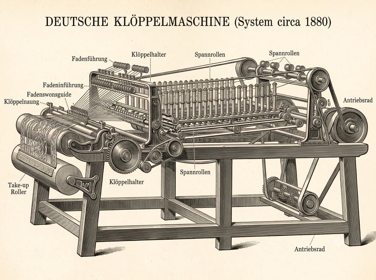 Deutsche Klöppelmaschine, System circa 1880 — technische Illustration