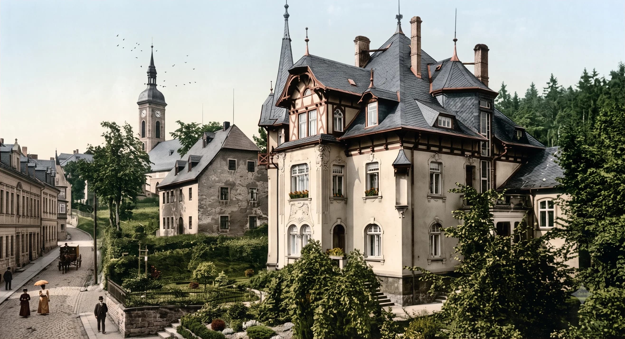 Weipert i.B. Annabergerstraße — Villa Schmidl mit Kirchturm, kolorierte Ansichtskarte